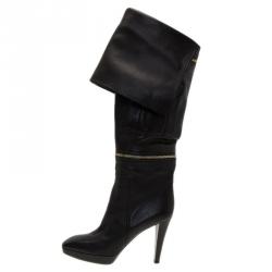Pre Owned Louis Vuitton Black Leather Zip and Pocket Detail Tall Boots Size 40