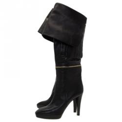 Pre Owned Louis Vuitton Black Leather Zip and Pocket Detail Tall Boots Size 40
