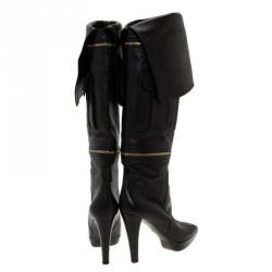 Pre Owned Louis Vuitton Black Leather Zip and Pocket Detail Tall Boots Size 40