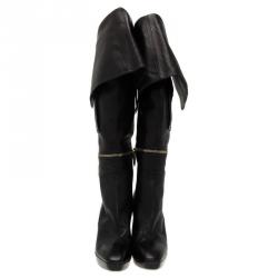 Pre Owned Louis Vuitton Black Leather Zip and Pocket Detail Tall Boots Size 40
