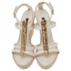 مملوكة مسبقًا صندل لوي فيتون باهاماس جلد أبيض سير حرف T نعل روكي سبادريه مقاس 37