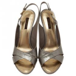 Pre Owned Louis Vuitton Grey Monogram Vernis No Doubt! Slingback Sandals Size 38.5