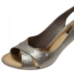 Pre Owned Louis Vuitton Grey Monogram Vernis No Doubt! Slingback Sandals Size 38.5