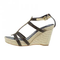 Pre Owned Louis Vuitton Gold and Brown Monogram Canvas Bahamas T Strap Espadrille Wedges Size 39