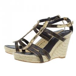 Pre Owned Louis Vuitton Gold and Brown Monogram Canvas Bahamas T Strap Espadrille Wedges Size 39