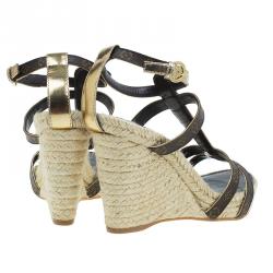 Pre Owned Louis Vuitton Gold and Brown Monogram Canvas Bahamas T Strap Espadrille Wedges Size 39