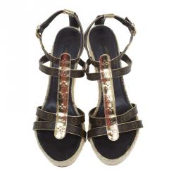 Pre Owned Louis Vuitton Gold and Brown Monogram Canvas Bahamas T Strap Espadrille Wedges Size 39