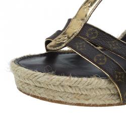 Pre Owned Louis Vuitton Gold and Brown Monogram Canvas Bahamas T Strap Espadrille Wedges Size 39