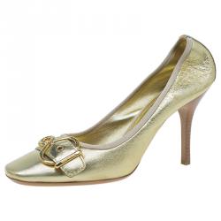 Pre Owned Louis Vuitton Gold Leather Square Toe Buckle Pumps Size 39