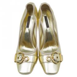 Pre Owned Louis Vuitton Gold Leather Square Toe Buckle Pumps Size 39
