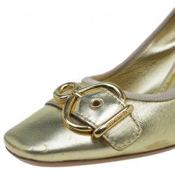 Pre Owned Louis Vuitton Gold Leather Square Toe Buckle Pumps Size 39