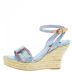 مملوكة مسبقًا Louis Vuitton Blue Monogram Denim Espadrille Wedge Sandals Size 38