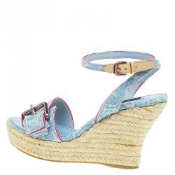 مملوكة مسبقًا Louis Vuitton Blue Monogram Denim Espadrille Wedge Sandals Size 38