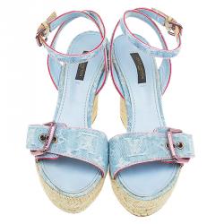 مملوكة مسبقًا Louis Vuitton Blue Monogram Denim Espadrille Wedge Sandals Size 38