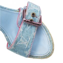 مملوكة مسبقًا Louis Vuitton Blue Monogram Denim Espadrille Wedge Sandals Size 38
