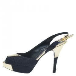 Pre Owned صندل لوي فيتون دورسي جلد ذهبي وأسود مقدمة مفتوحة نعل سميك مقاس 35.5