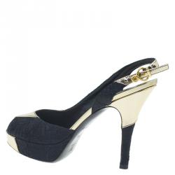 Pre Owned صندل لوي فيتون دورسي جلد ذهبي وأسود مقدمة مفتوحة نعل سميك مقاس 35.5