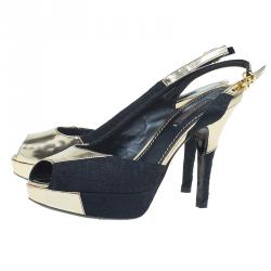 Pre Owned صندل لوي فيتون دورسي جلد ذهبي وأسود مقدمة مفتوحة نعل سميك مقاس 35.5