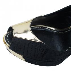 Pre Owned صندل لوي فيتون دورسي جلد ذهبي وأسود مقدمة مفتوحة نعل سميك مقاس 35.5