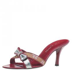 Pre Owned Louis Vuitton Red Monogram Satin Cherry Blossom Mules Size 38