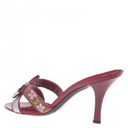 Pre Owned Louis Vuitton Red Monogram Satin Cherry Blossom Mules Size 38