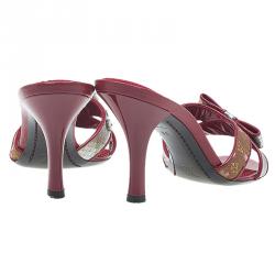 Pre Owned Louis Vuitton Red Monogram Satin Cherry Blossom Mules Size 38