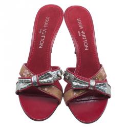 Pre Owned Louis Vuitton Red Monogram Satin Cherry Blossom Mules Size 38