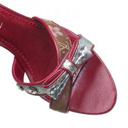 Pre Owned Louis Vuitton Red Monogram Satin Cherry Blossom Mules Size 38