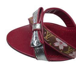 Pre Owned Louis Vuitton Red Monogram Satin Cherry Blossom Mules Size 38
