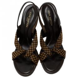 Pre Owned صندل لوي فيتون جلد بني و دامييه تشيك شعر حصان بفتحة كعب مقاس 39