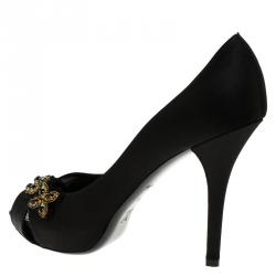 Pre Owned Louis Vuitton Black Satin Athen Open Toe Pumps Size 39.5