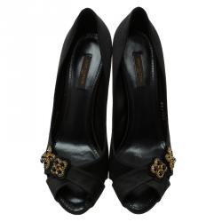 Pre Owned Louis Vuitton Black Satin Athen Open Toe Pumps Size 39.5