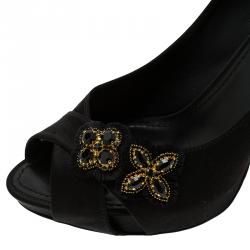 Pre Owned Louis Vuitton Black Satin Athen Open Toe Pumps Size 39.5