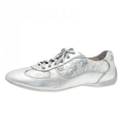 Louis Vuitton Metallic Silver Monogram Leather Lace Up Sneakers Size 39.5