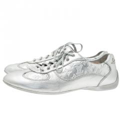 Louis Vuitton Metallic Silver Monogram Leather Lace Up Sneakers Size 39.5