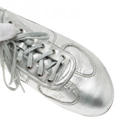 Louis Vuitton Metallic Silver Monogram Leather Lace Up Sneakers Size 39.5
