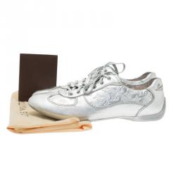 Louis Vuitton Metallic Silver Monogram Leather Lace Up Sneakers Size 39.5