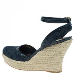 مملوكة مسبقًا صندل لوي فيتون كانفاس مونوغرامي أزرق كحلي كعب روكي إسبادريل مقاس 38