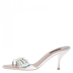 Pre Owned صندل سلايد لوي فيتون جلد فضي بأشرطة مقاس 39