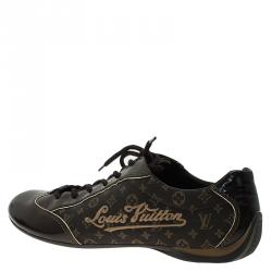 Pre Owned Louis Vuitton Brown Leather and Mini Lin Monogram Canvas Sneakers Size 39.5