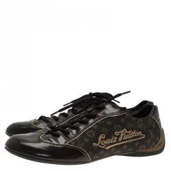 Pre Owned Louis Vuitton Brown Leather and Mini Lin Monogram Canvas Sneakers Size 39.5