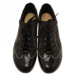 Pre Owned Louis Vuitton Brown Leather and Mini Lin Monogram Canvas Sneakers Size 39.5