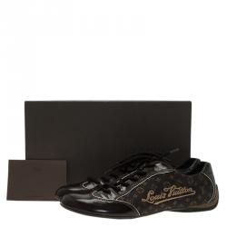 Pre Owned Louis Vuitton Brown Leather and Mini Lin Monogram Canvas Sneakers Size 39.5