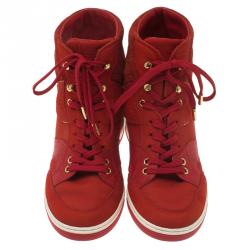 مملوكة مسبقًا Louis Vuitton Red Leather and Suede Cliff Top Sneakers Size 37
