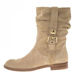 Pre Owned Louis Vuitton Beige Suede Buckle Ankle Boots Size 37.5