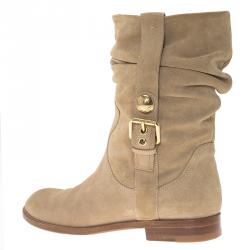 Pre Owned Louis Vuitton Beige Suede Buckle Ankle Boots Size 37.5