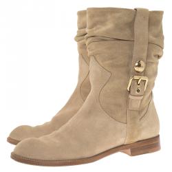 Pre Owned Louis Vuitton Beige Suede Buckle Ankle Boots Size 37.5
