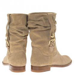 Pre Owned Louis Vuitton Beige Suede Buckle Ankle Boots Size 37.5