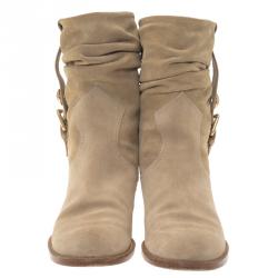 Pre Owned Louis Vuitton Beige Suede Buckle Ankle Boots Size 37.5