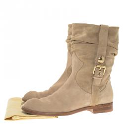 Pre Owned Louis Vuitton Beige Suede Buckle Ankle Boots Size 37.5